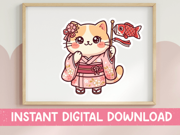 Kawaii Kimono Cat Graphics for Spring T-Shirt Designs